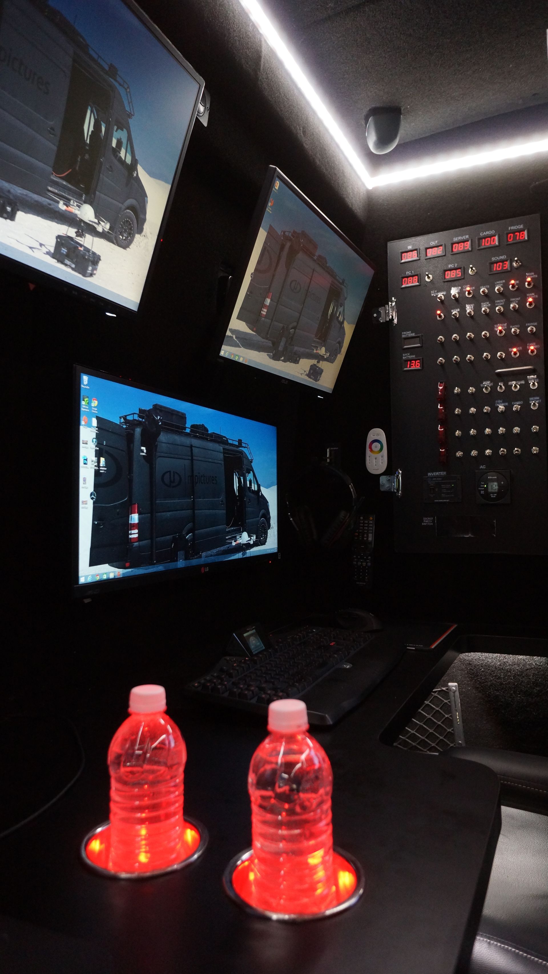 Labeled control switches inside the mobile command center.