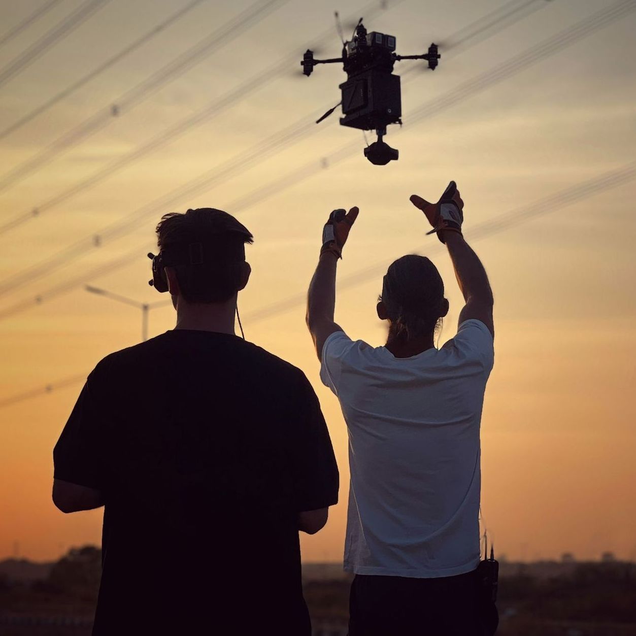 Warpcam lifting off at sunset, mounted on JohnnyFPV's drone.