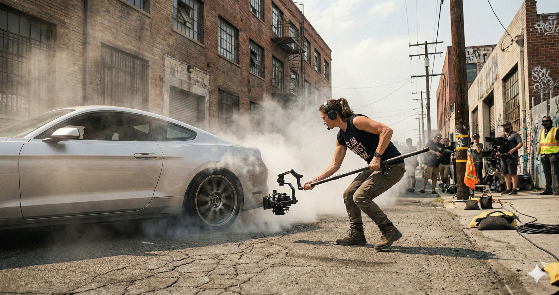 Female operator using HyperWarpCam® on an urban film set.