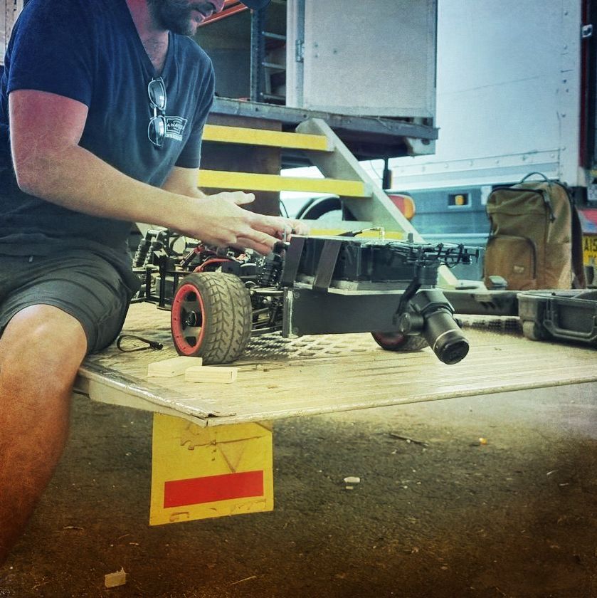 WarpCam® camera rig positioned for low-angle filming on set.
