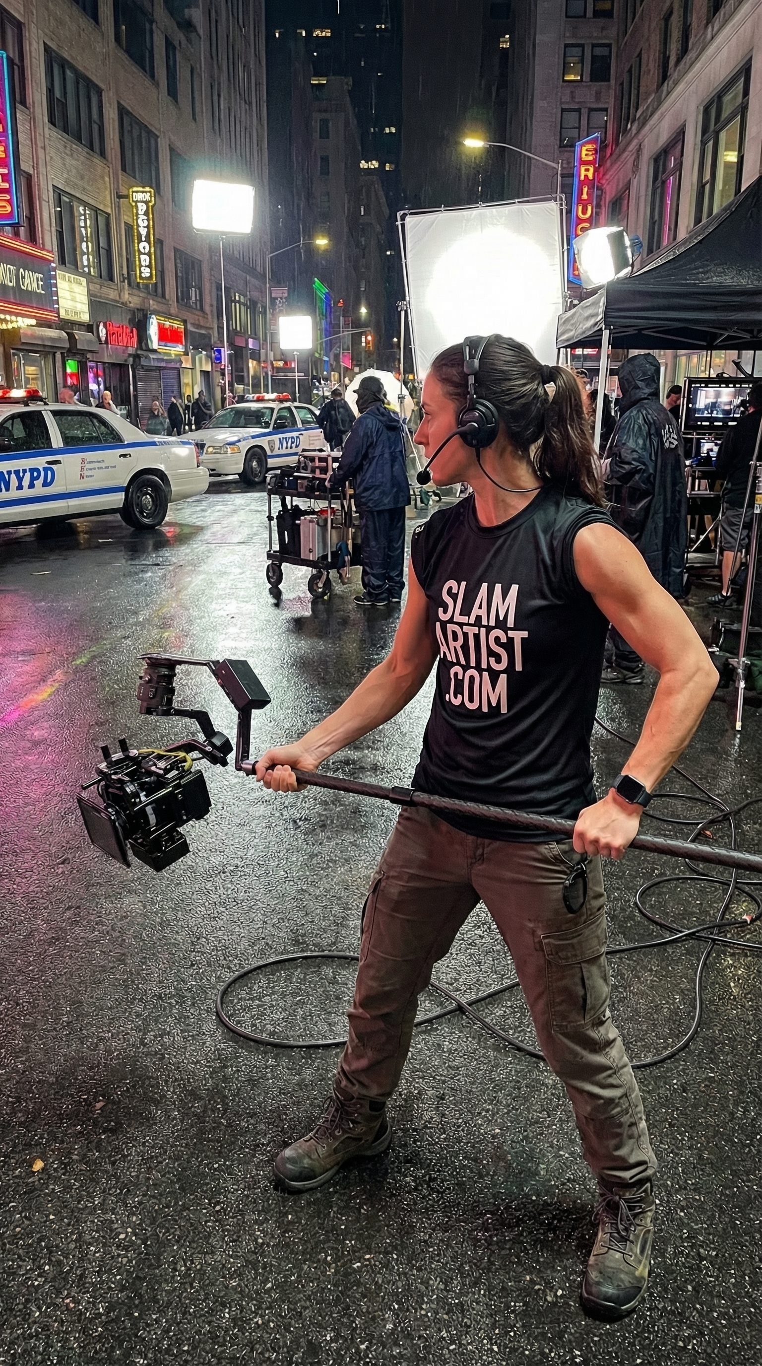 Female operator using HyperWarpCam® on an urban film set.