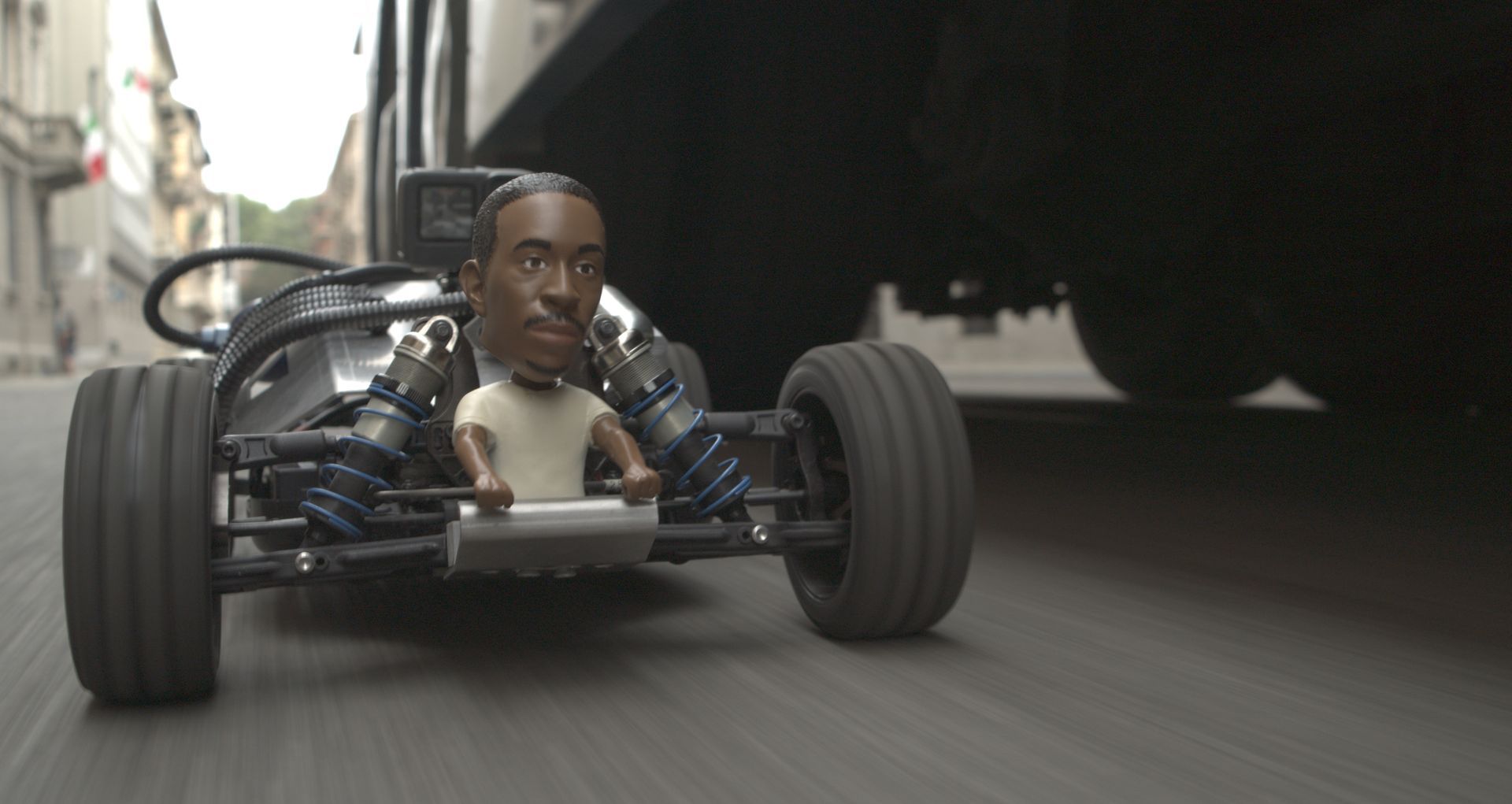 Still from WarpCam® mounted on an RC car on the Fast X set.