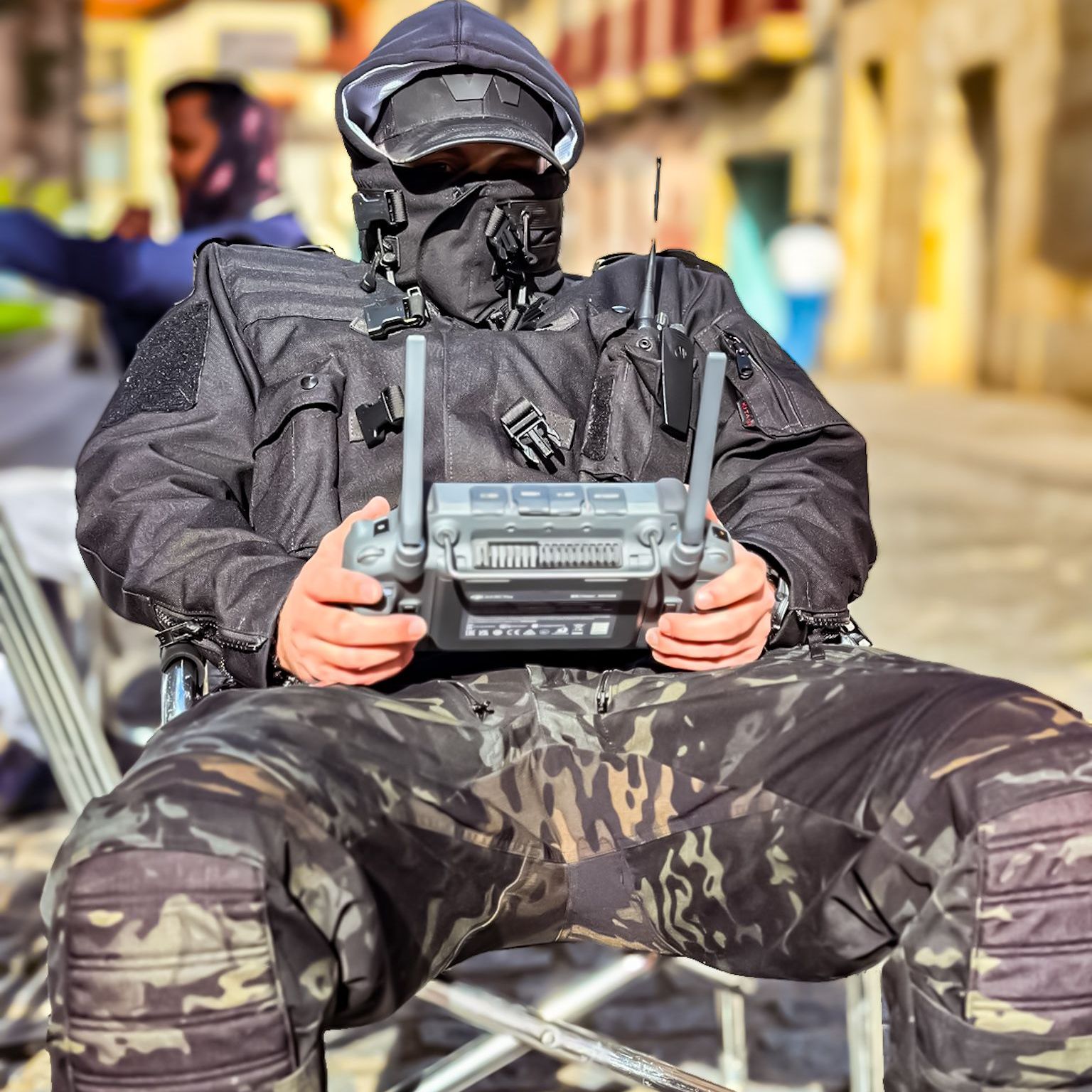 Ferdi Fischer operating WarpCam® in tactical gear on the War 2 set in Spain.
