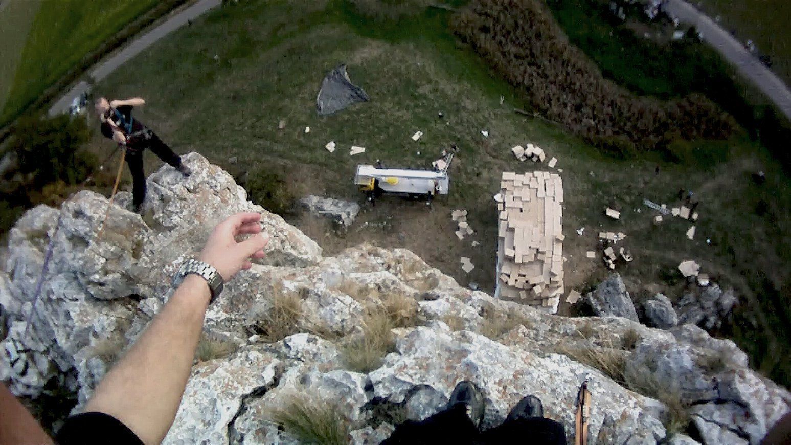 First-person view from Burgsteinfelsen before Ferdi Fischer’s 45-meter high fall into cardboard boxes.