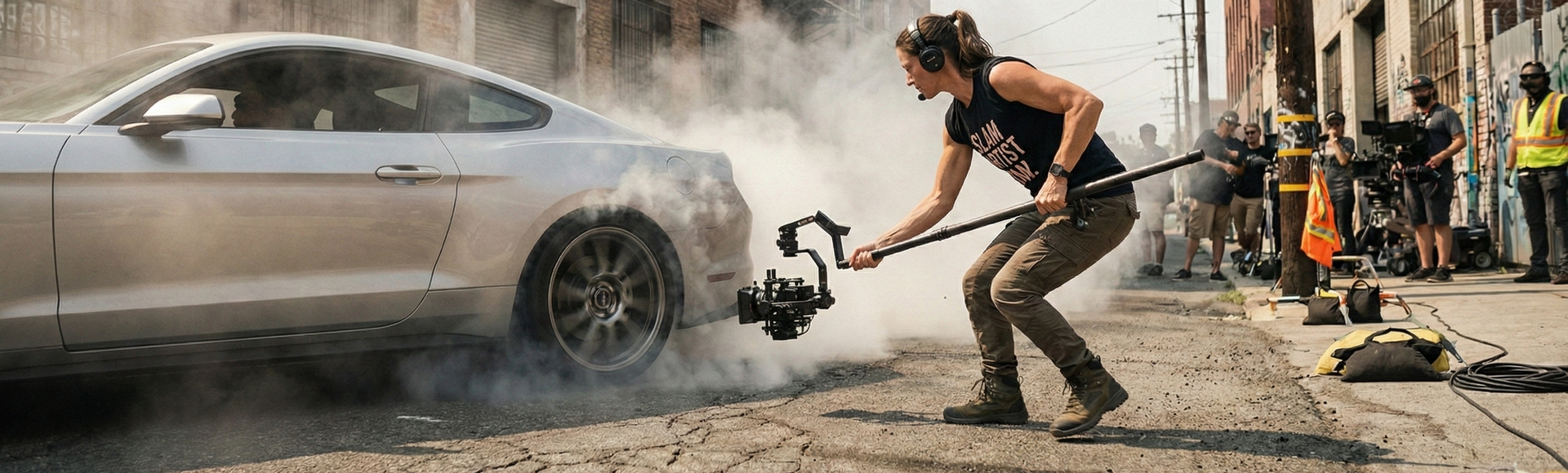 Female WarpCam operator wearing a SlamArtist.com shirt in Los Angeles, holding the Hyper WarpCam while filming a car doing a smoky burnout.