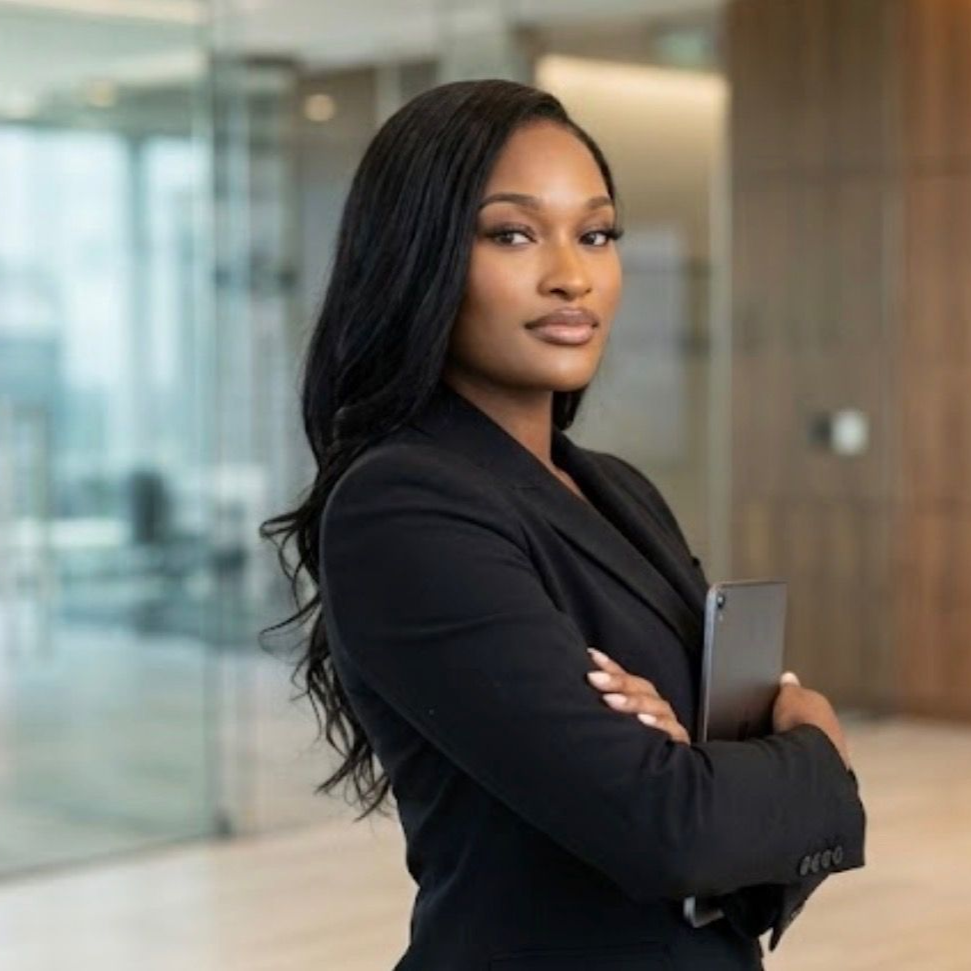 Confident professional standing in an office, arms crossed, holding a phone, wearing a black blazer.