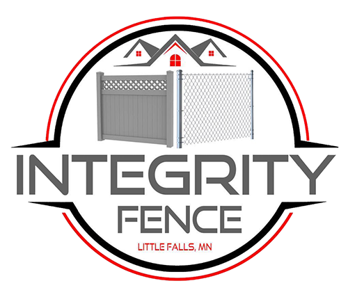 Integrity Fence logo: Gray and chain link fences, red and black circle, house silhouette, text "Integrity Fence, Little Falls, MN."