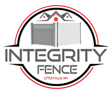 Integrity Fence logo: Gray and chain link fences, red and black circle, house silhouette, text "Integrity Fence, Little Falls, MN."