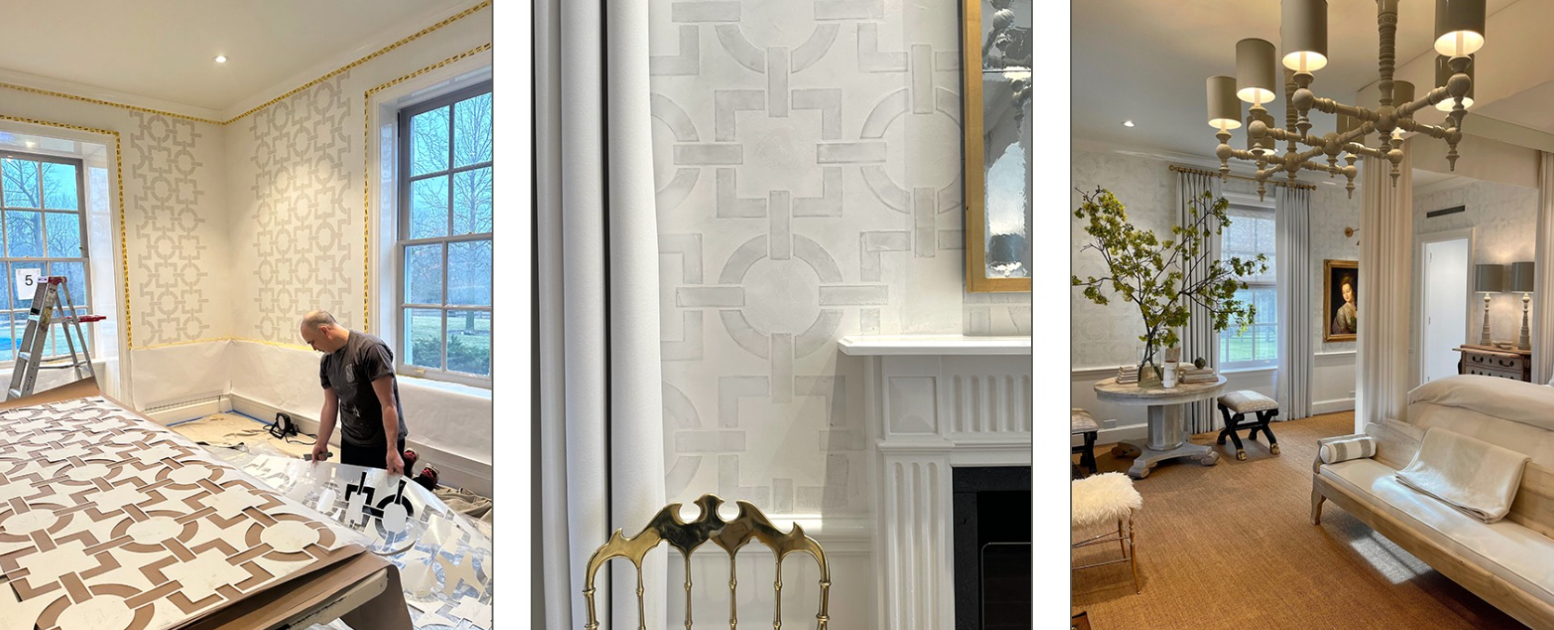 A collage of three pictures of a bedroom , living room , and fireplace.