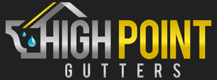 High Point Gutters logo with white and yellow text and a gray house roof with blue water drops