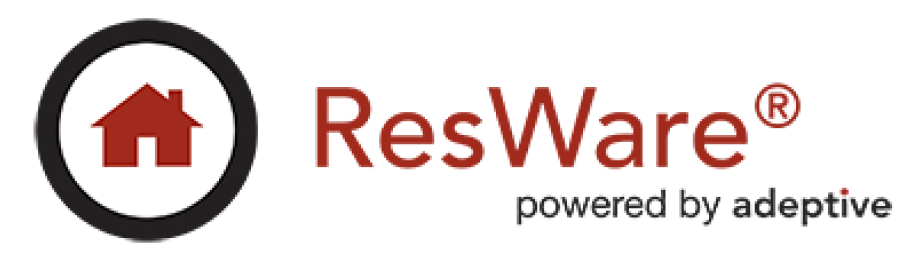 A red and white logo for resware powered by adaptive