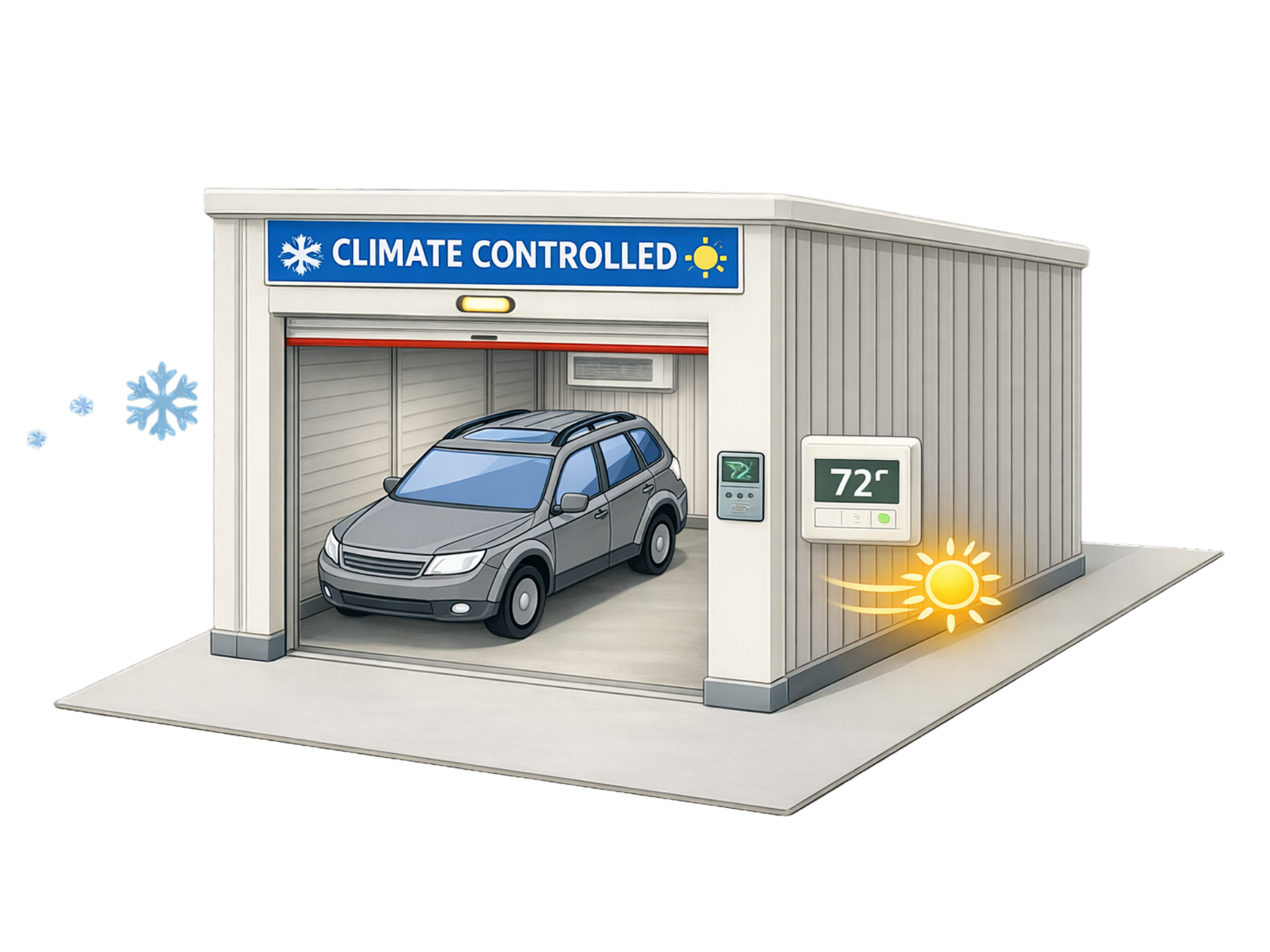 Drive-up climate-controlled storage unit graphic with a car inside the unit.