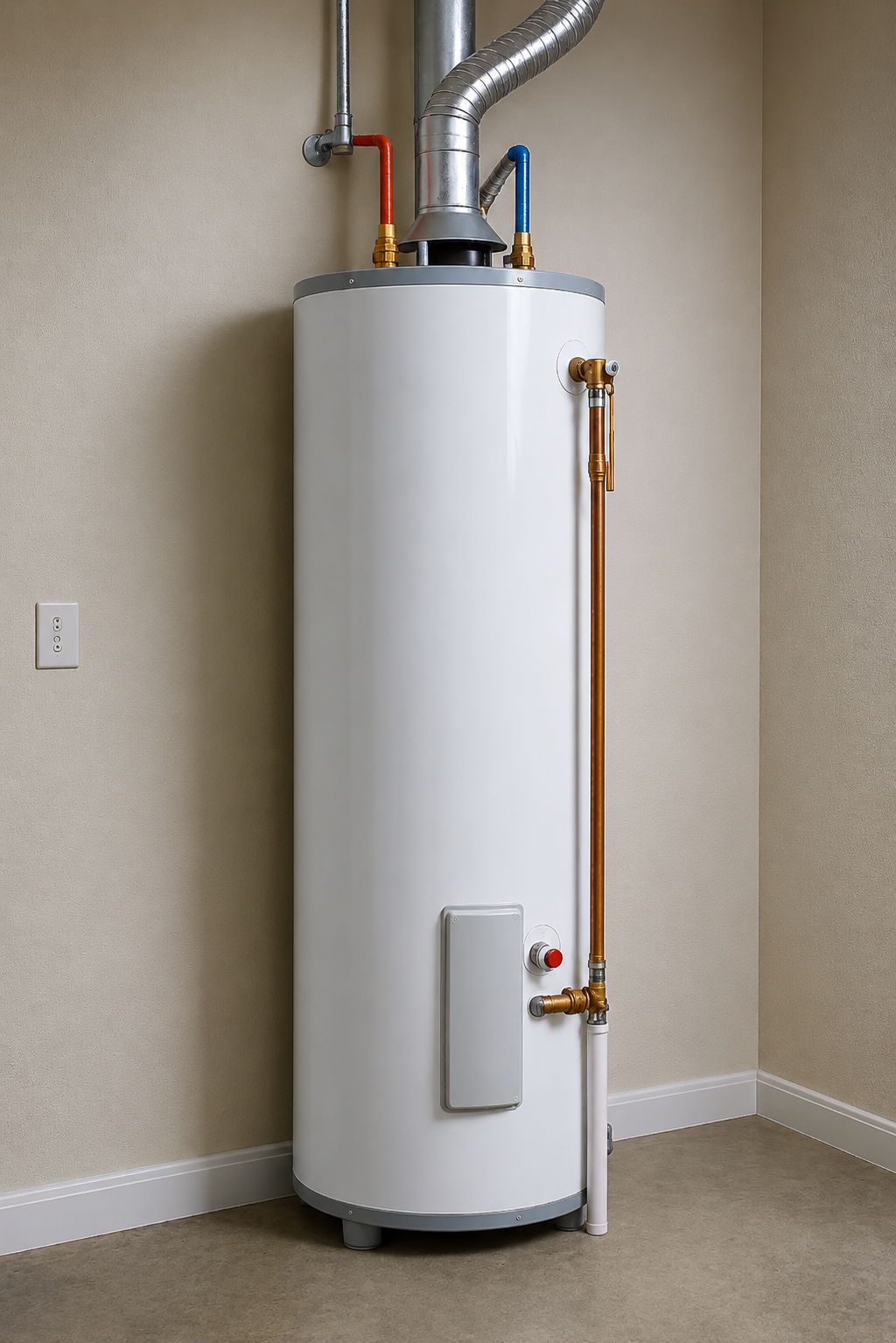 Plumber checking a water heater and marking clipboard