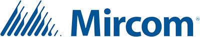 Un logo mircom bleu sur fond blanc