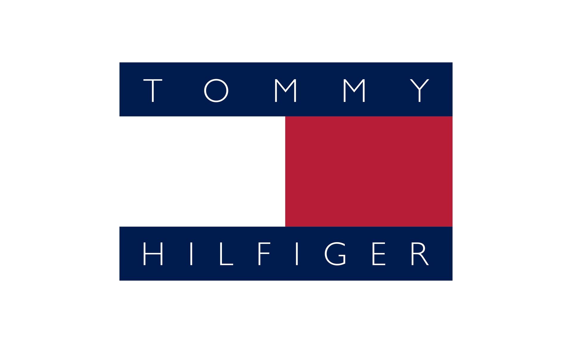 The logo for tommy hilfiger is a red white and blue flag.
