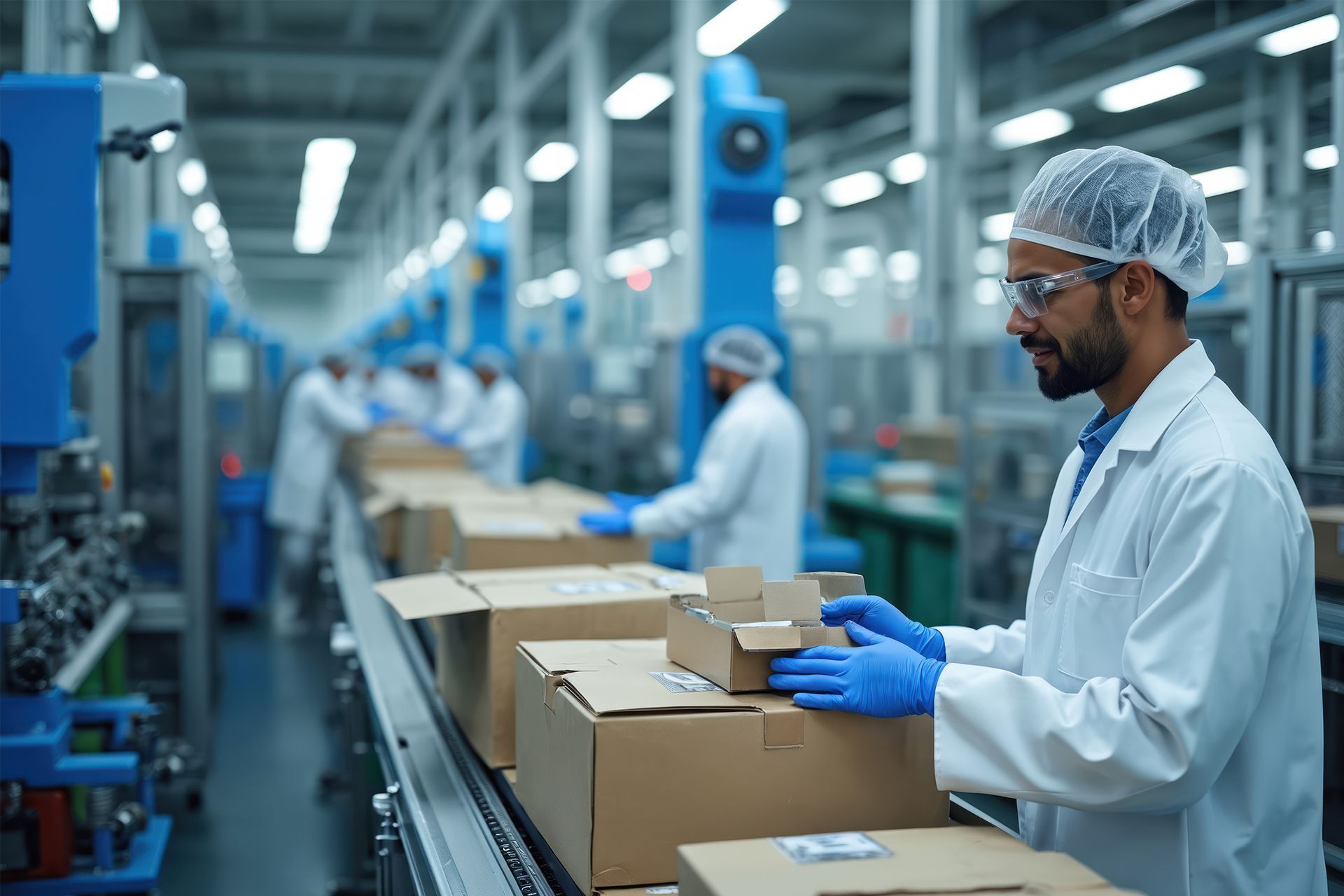 Workers in a factory packing cardboard boxes on a conveyor line