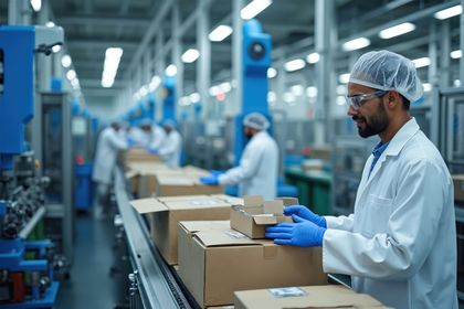 Workers packing cardboard boxes on a factory conveyor line in a bright industrial warehouse.