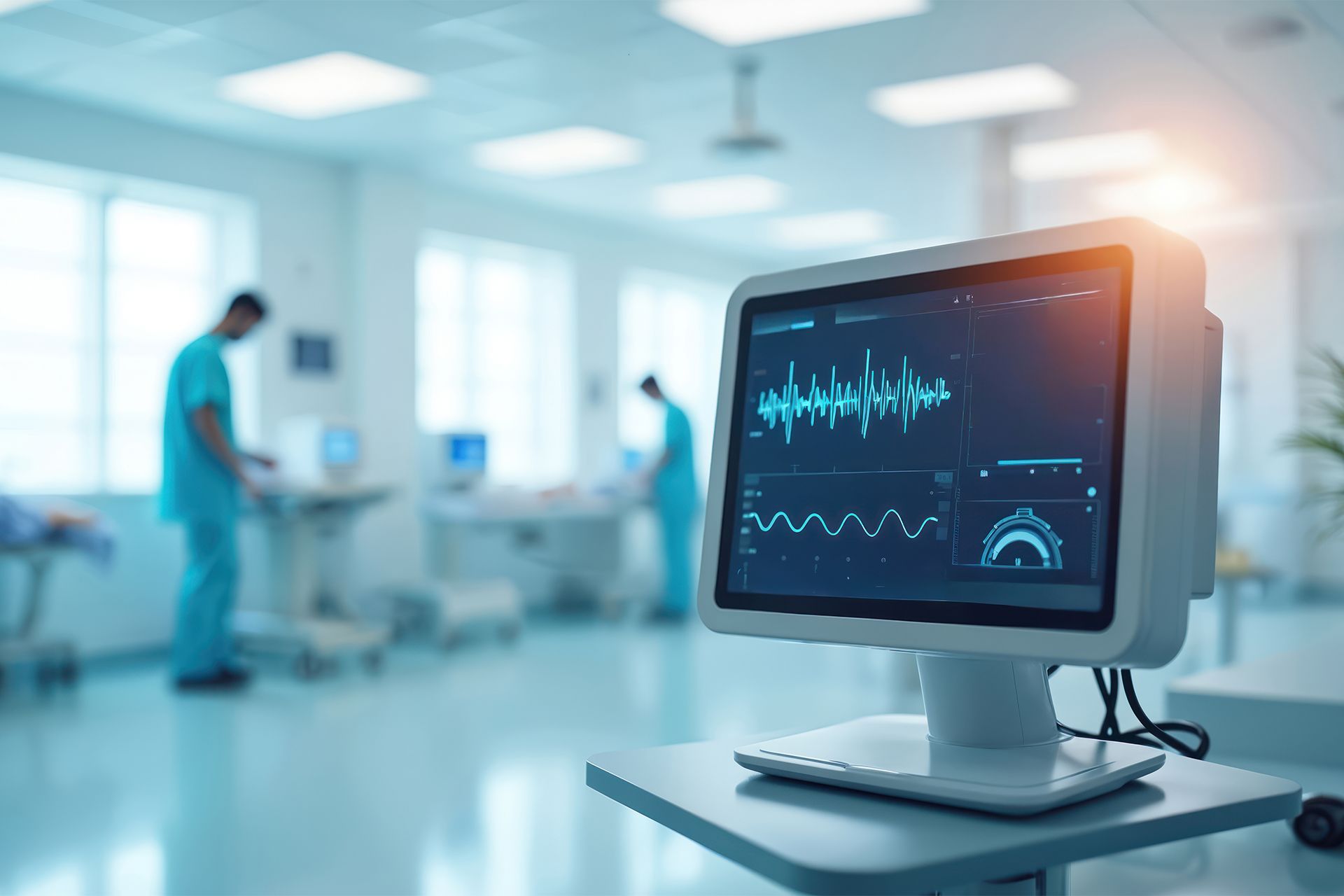 Hospital monitor displaying vital signs in a bright patient room, with a clinician blurred in the background