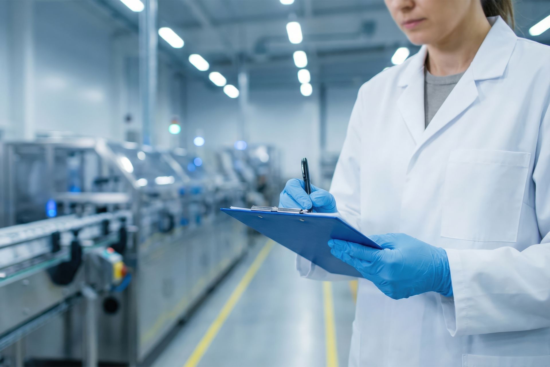 Worker in white lab coat and blue gloves taking notes in a modern factory aisle