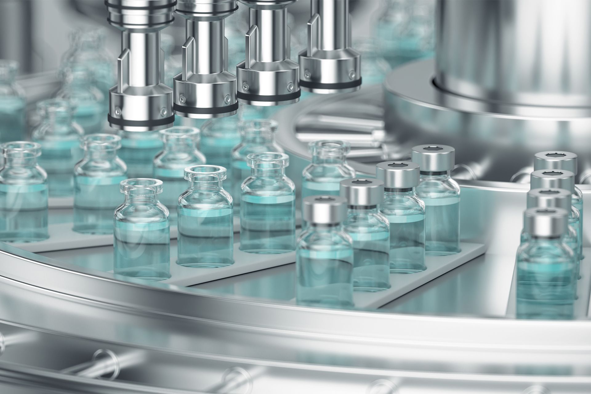 Glass bottles moving on an automated pharmaceutical production line