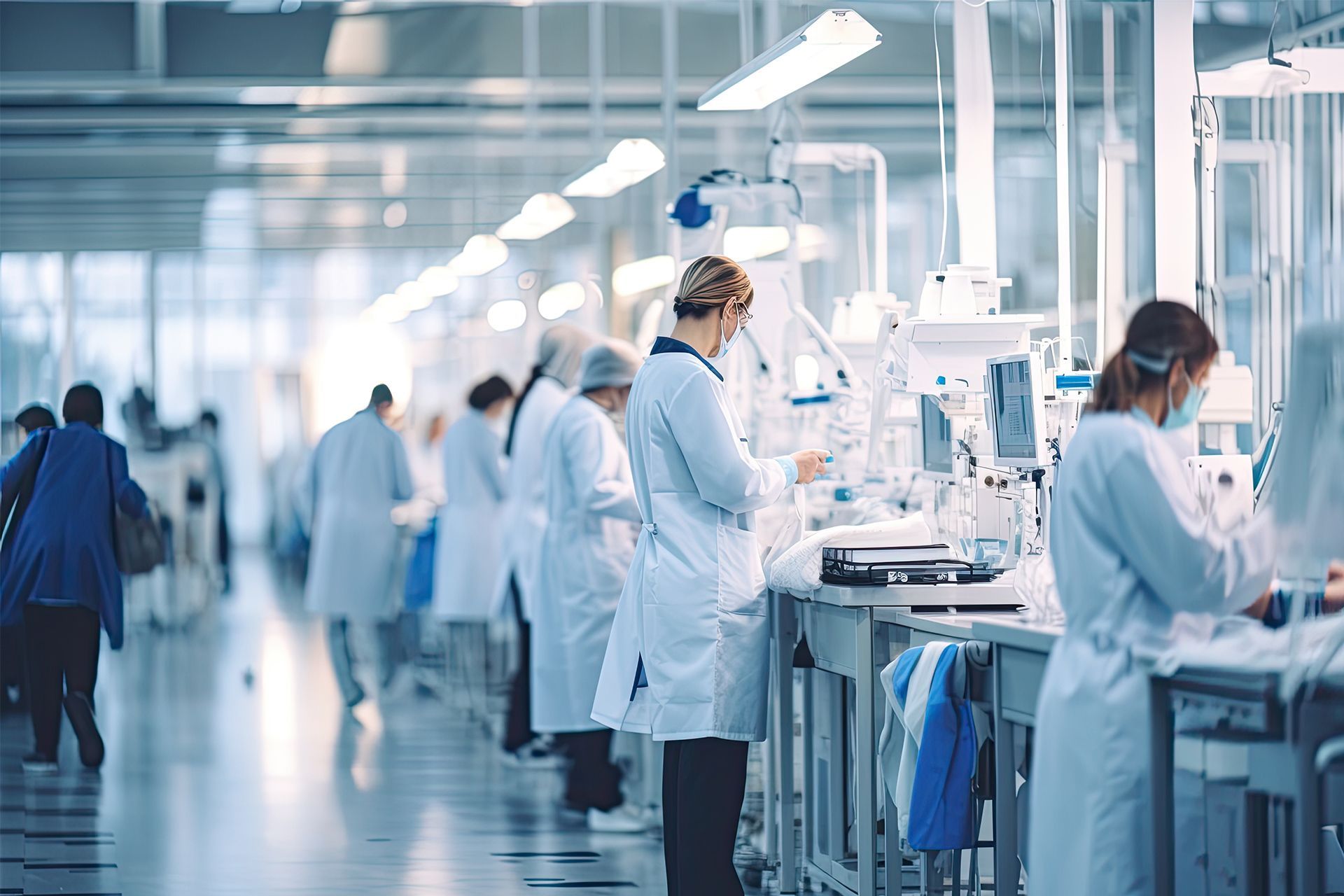 Workers in white lab coats at an industrial assembly line in a bright factory