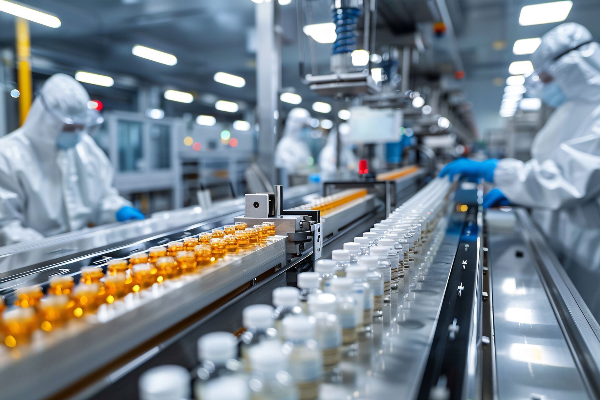 Pharmaceutical production line with white and amber bottles moving through a sterile factory, workers in protective suits