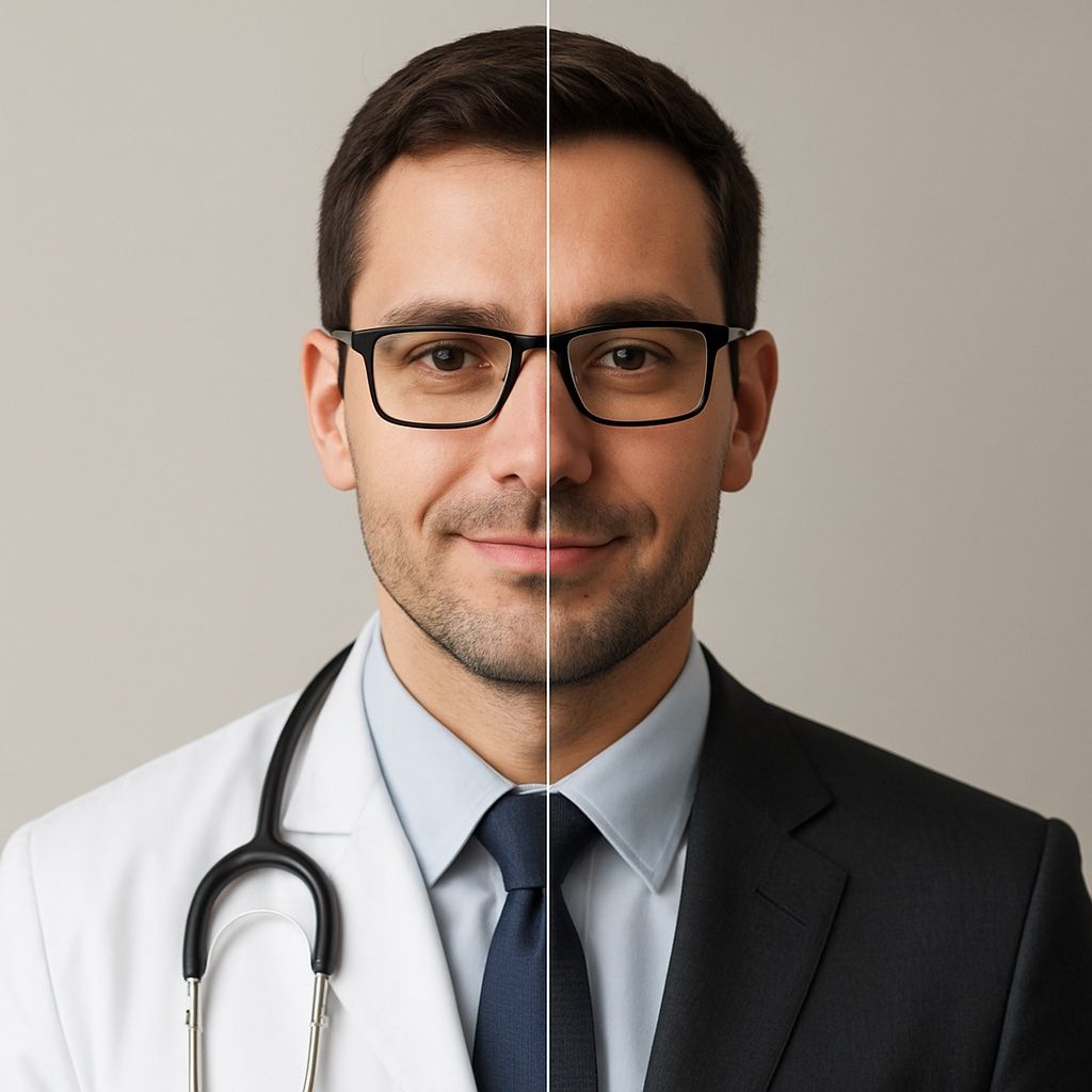 Split portrait of a doctor in glasses and a white coat, half casual and half formal suit with stethoscope