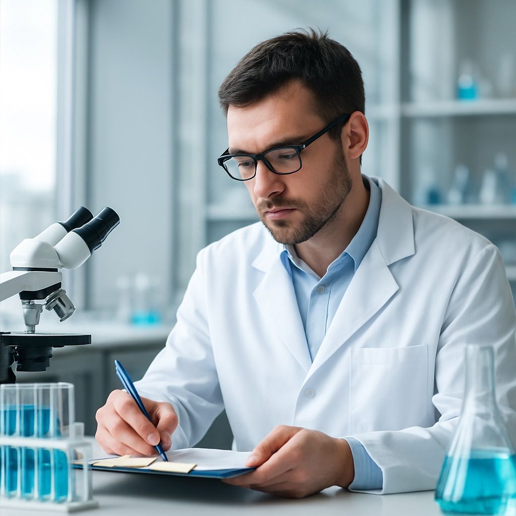 Scientist in a white lab coat taking notes beside a microscope and blue lab glassware