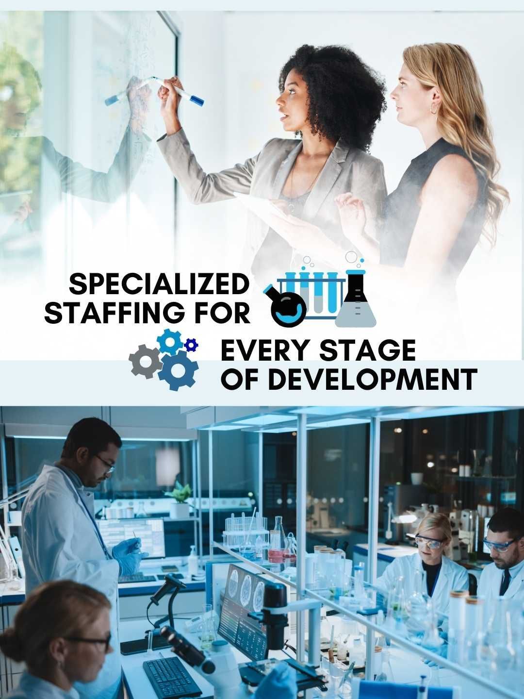 Staffing firm promo with lab scientists and office team; text reads “Specialized staffing for every stage of development”