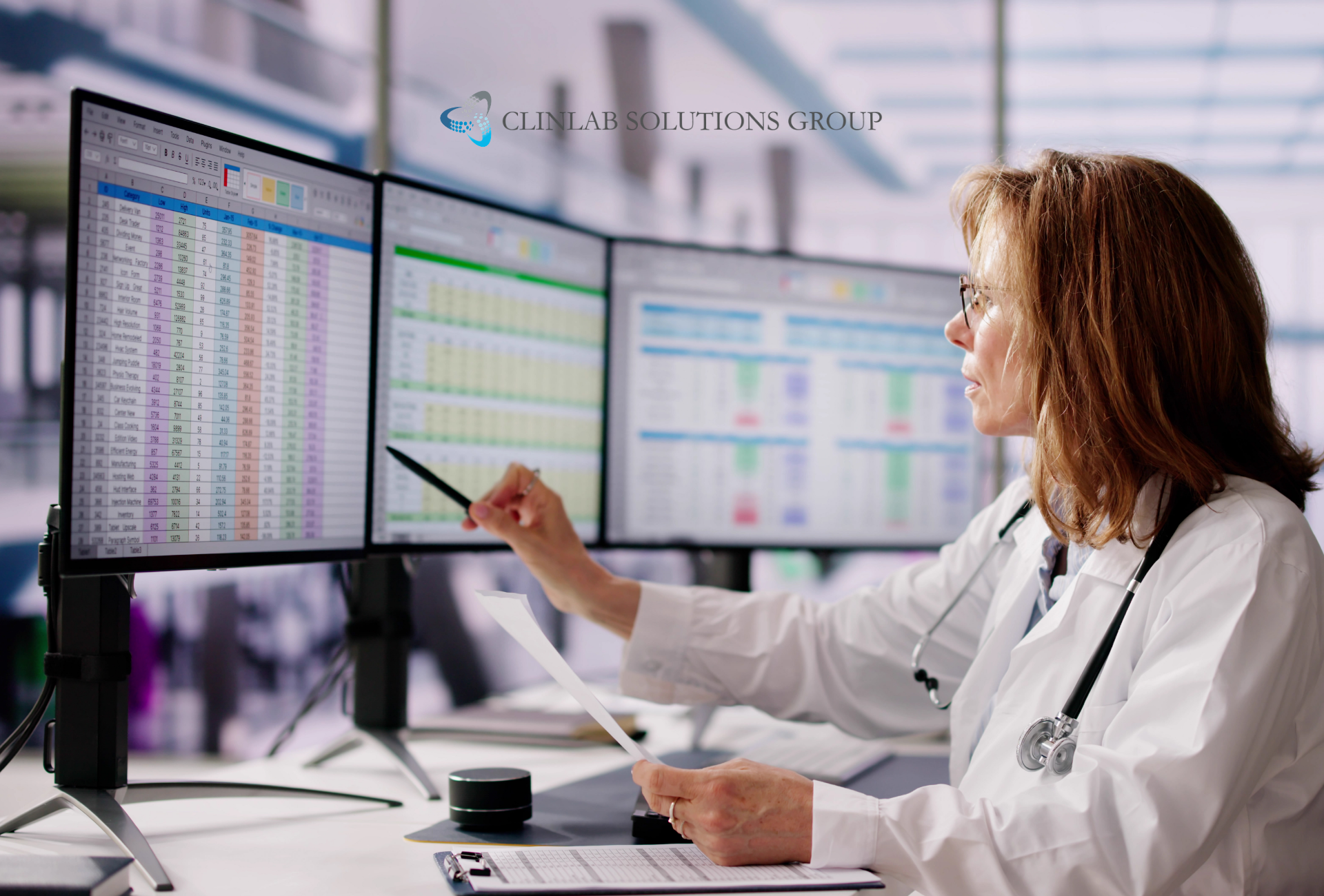 A clinical research professional in a white lab coat is reviewing data on a computer monitor