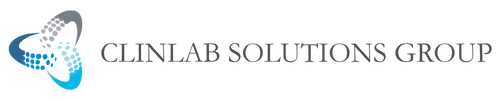 Clinlab Solutions Group logo with blue-gray molecular icon and black text on a white background