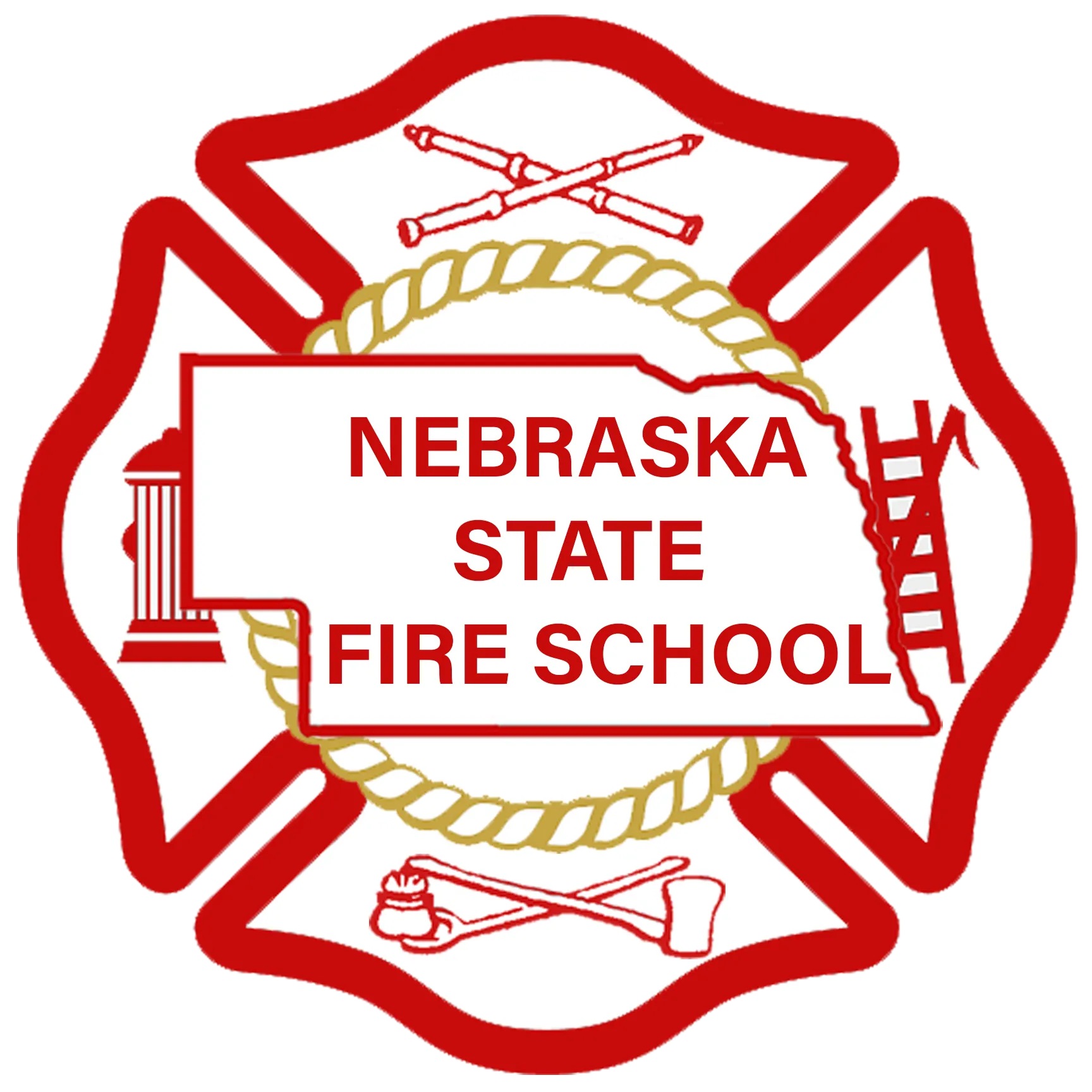 Nebraska State Fire School logo with red Maltese cross, rope border, and firefighting tools