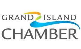 Grand Island Chamber logo with gray text and green-yellow-blue swoosh accents