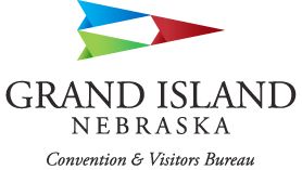 Grand Island, Nebraska Convention & Visitors Bureau logo with blue, green, and red arrow shapes