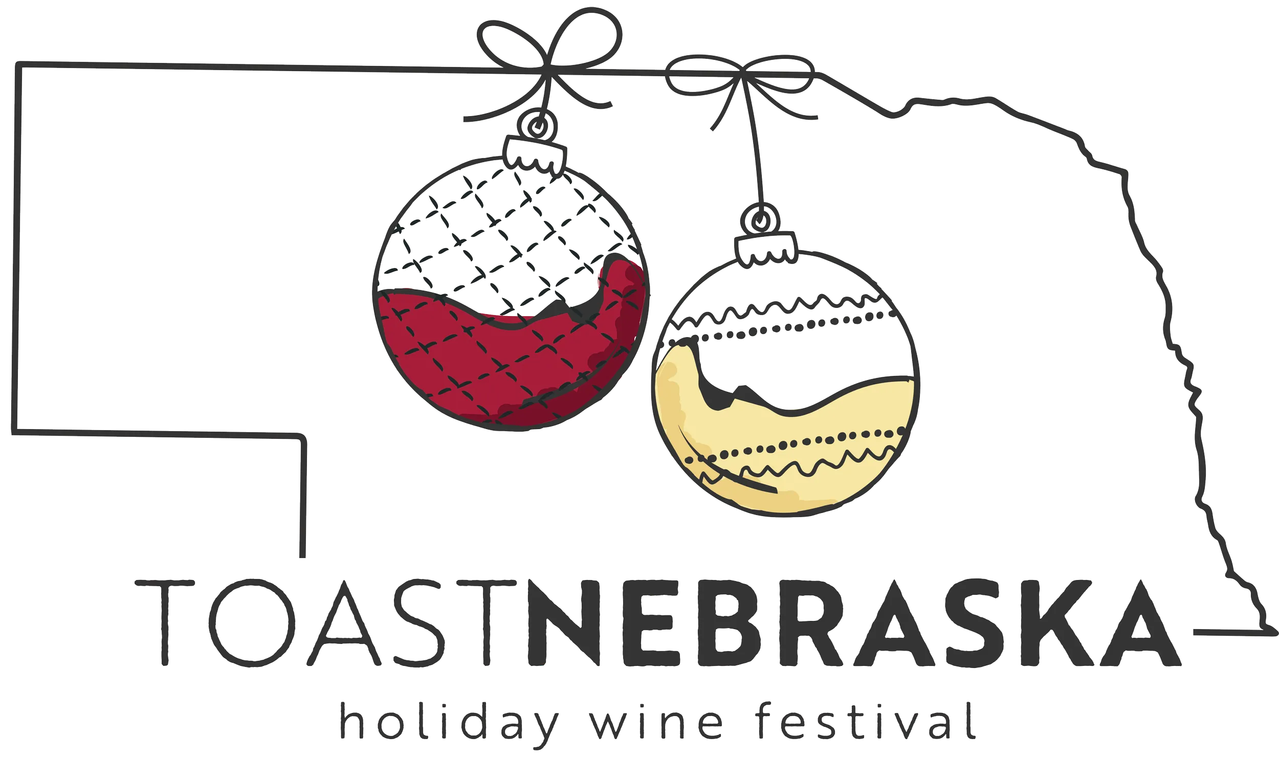 Toast Nebraska holiday wine festival logo with Nebraska outline and two hanging ornaments