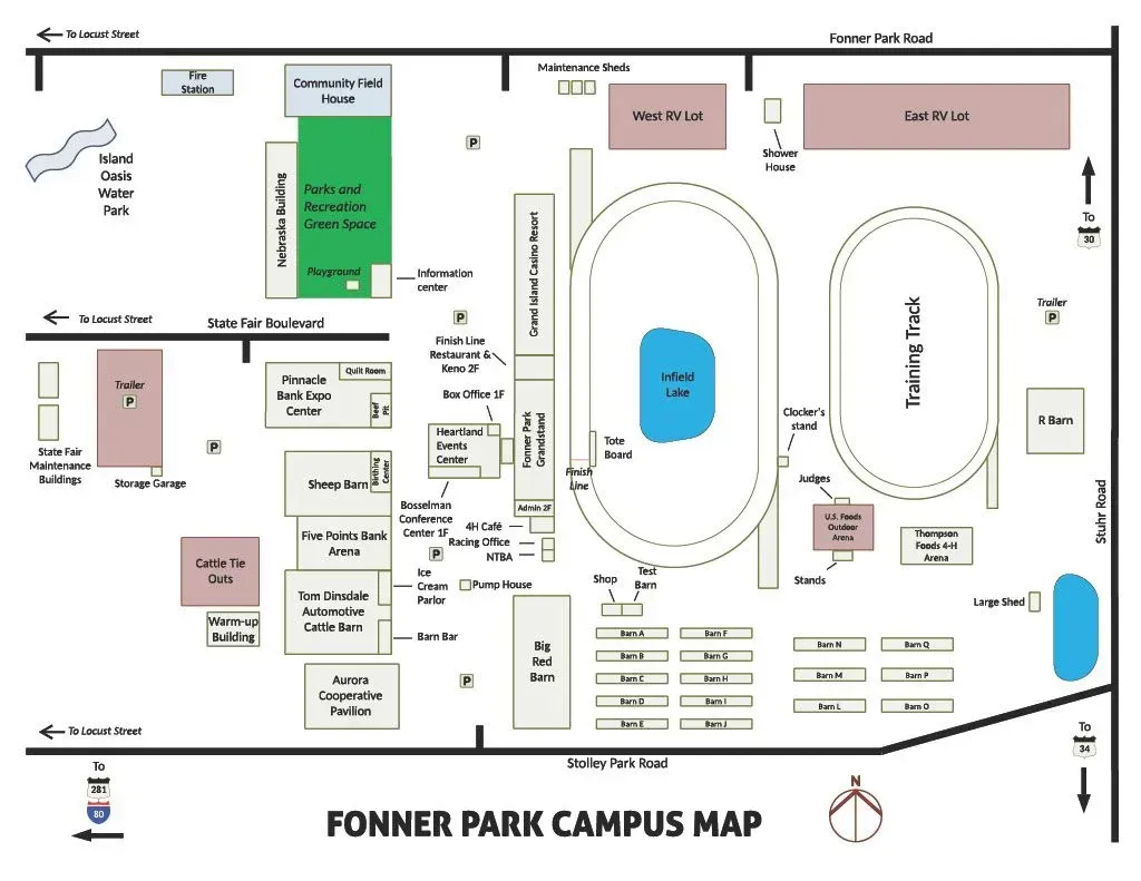 Fonner Park campus map with labeled buildings, roads, and central racetrack/pond.