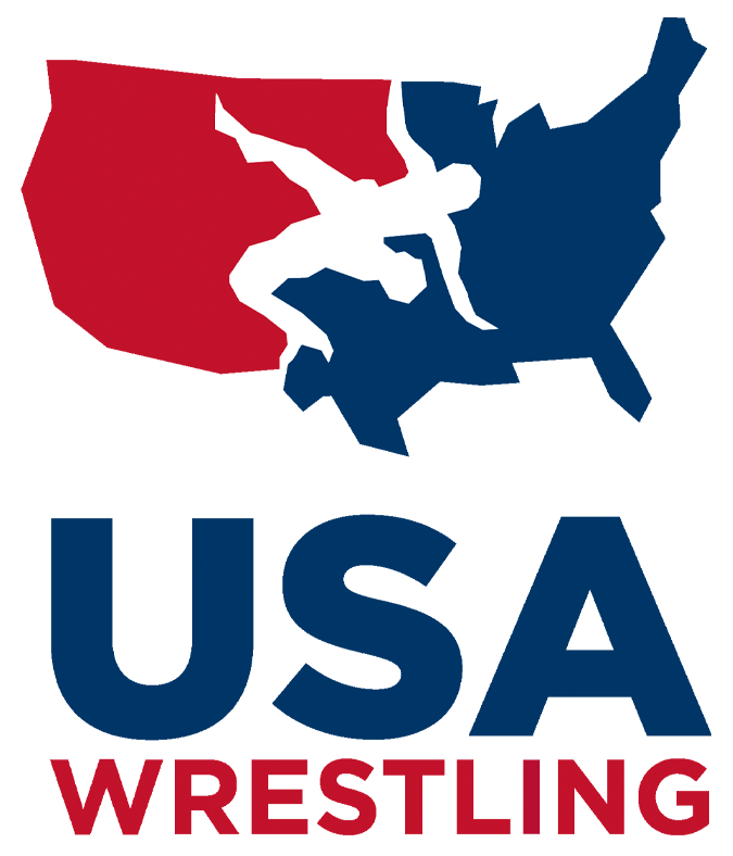 USA Wrestling logo with red and blue wrestling shapes above bold blue and red text
