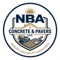 Logo for NBA Concrete & Pavers LLC featuring a house, cement truck, and brick pattern in blue, gold, and white.