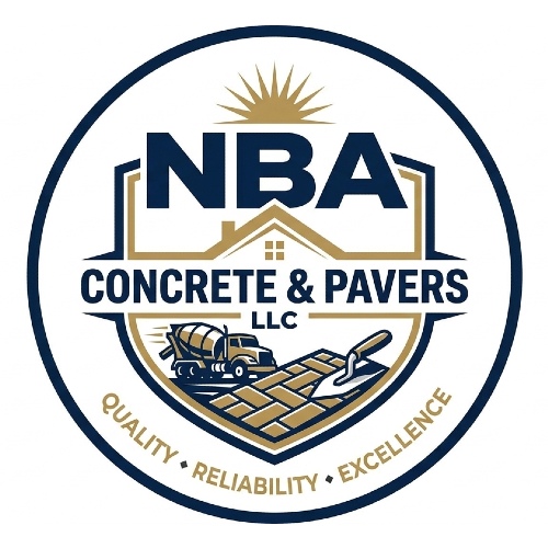 Logo for NBA Concrete & Pavers LLC featuring a house, cement truck, and brick pattern in blue, gold, and white.