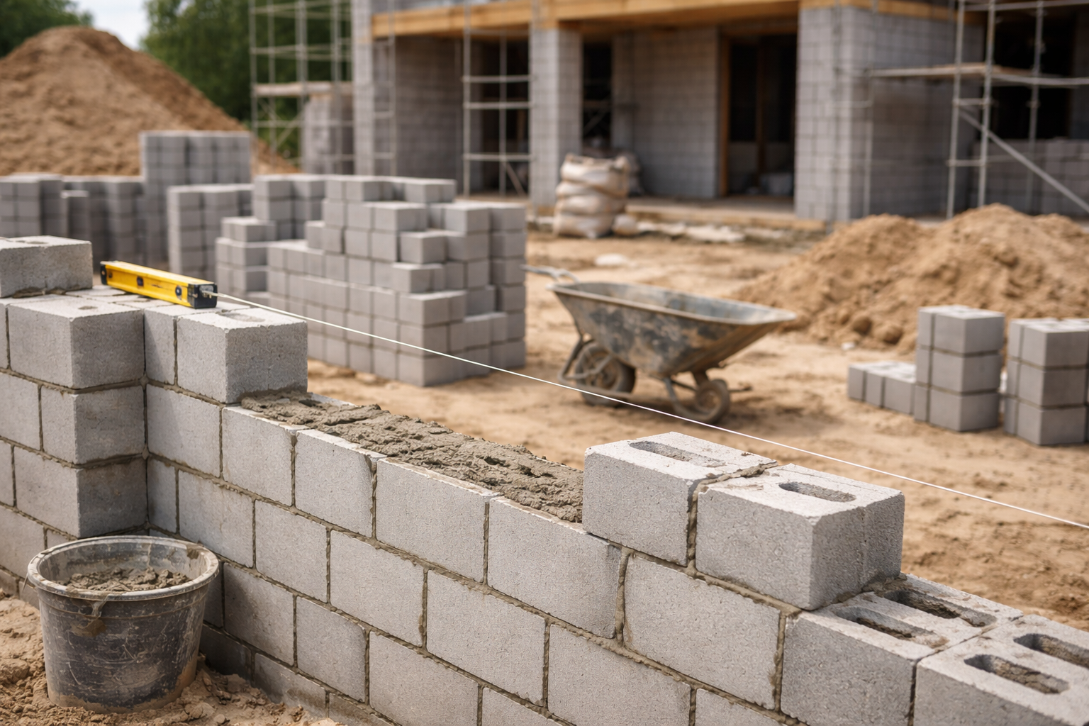 A construction worker wearing orange gloves is pouring concrete on a construction site.