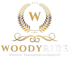 A gold-toned logo for Woody Ride featuring a laurel wreath surrounding a "W," ornamental flourishes, and text below.