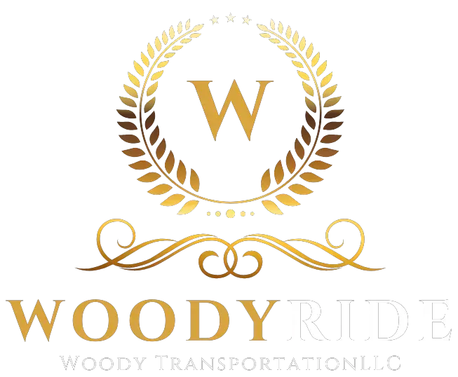 A gold-toned logo for Woody Ride featuring a laurel wreath surrounding a "W," ornamental flourishes, and text below.