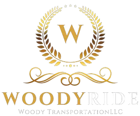 A gold-toned logo for Woody Ride featuring a laurel wreath surrounding a "W," ornamental flourishes, and text below.
