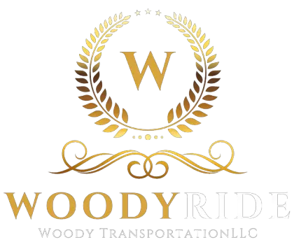 A gold-toned logo for Woody Ride featuring a laurel wreath surrounding a "W," ornamental flourishes, and text below.