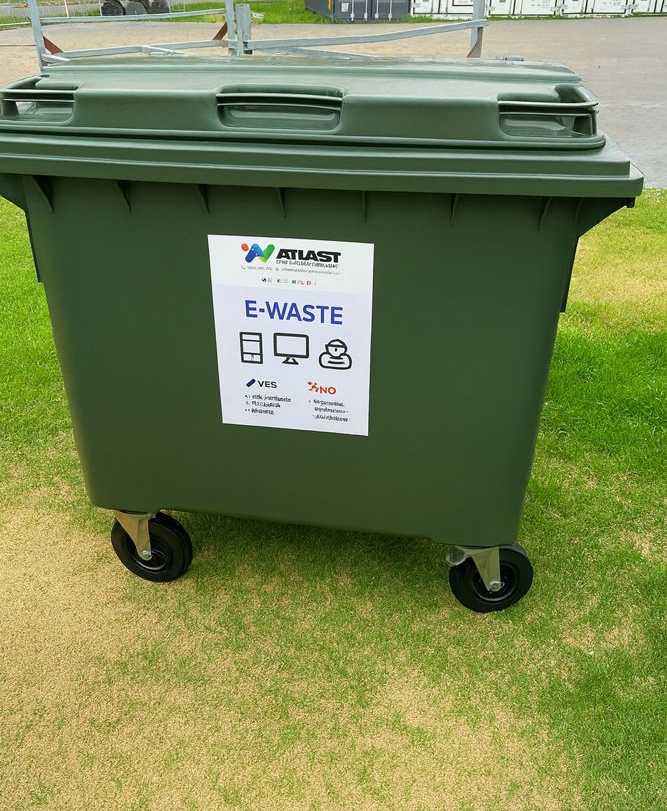 Green E-waste recycling bin on wheels, outdoors on grass.