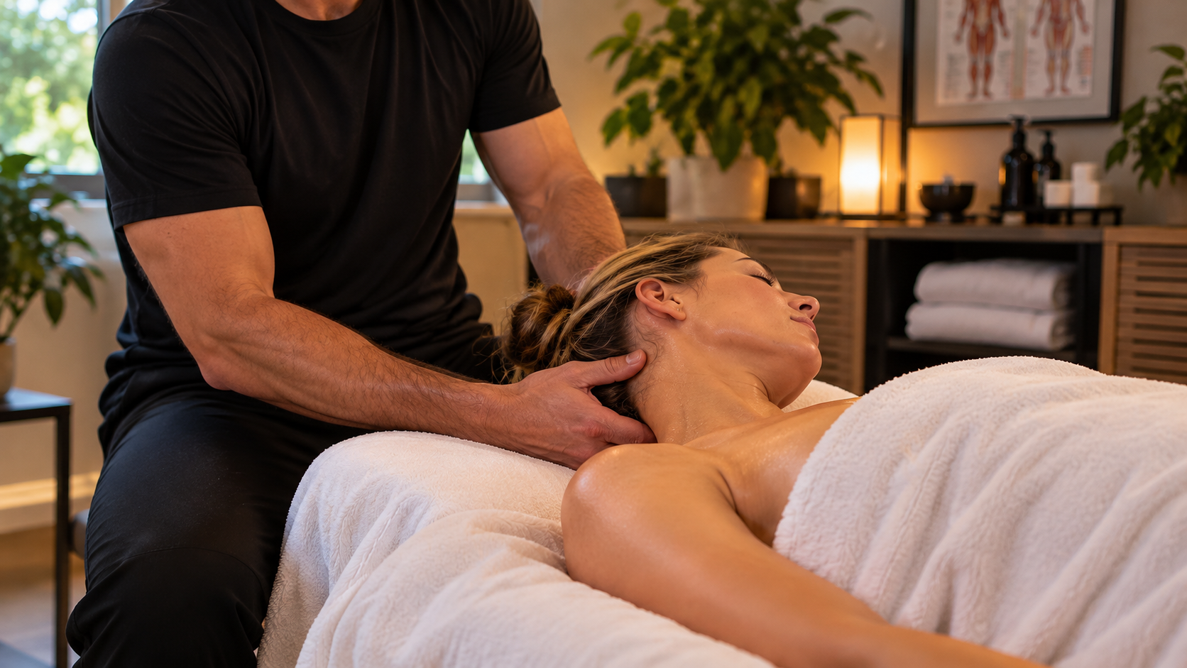 Massage therapist providing therapeutic upper back and shoulder massage in Atascadero, CA
