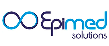 O logotipo da epimed solutions é azul e branco com um símbolo do infinito azul.