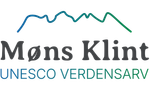 Møns Klint logo med blå og grøn bjerglinje og teksten ”Møns Klint UNESCO VERDENSARV”