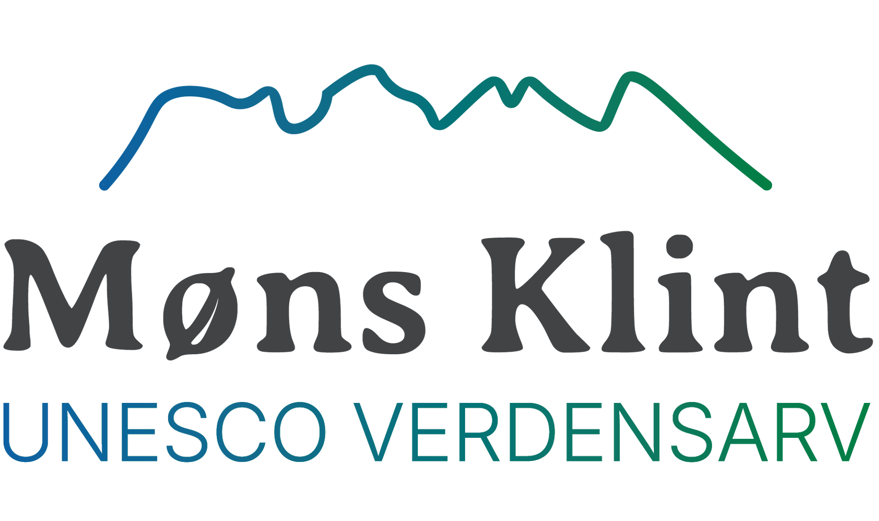 Møns Klint logo med blå og grøn bjerglinje og teksten ”Møns Klint UNESCO VERDENSARV”