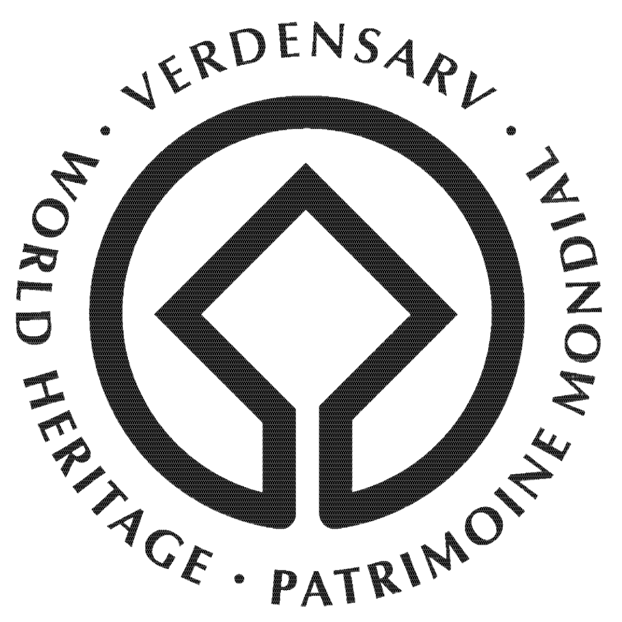 UNESCO-logo for verdensarv med cirkulær tekst og stiliseret sort emblem